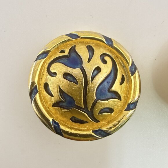 Vintage Trifari Earrings L'Orient Blue Enamel Tulip Gold Tone Signed Clip On 1" - Picture 2 of 13